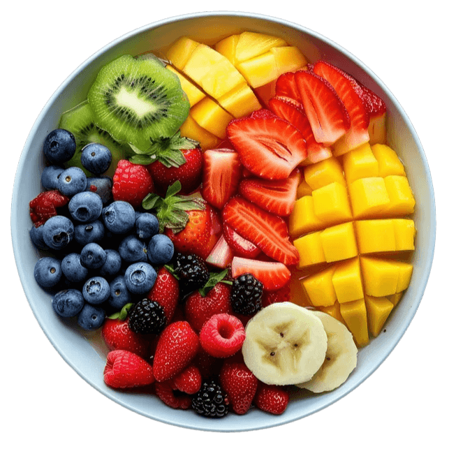 Colorful fruit bowl with kiwi, mango, strawberries, blueberries, and other fresh fruits